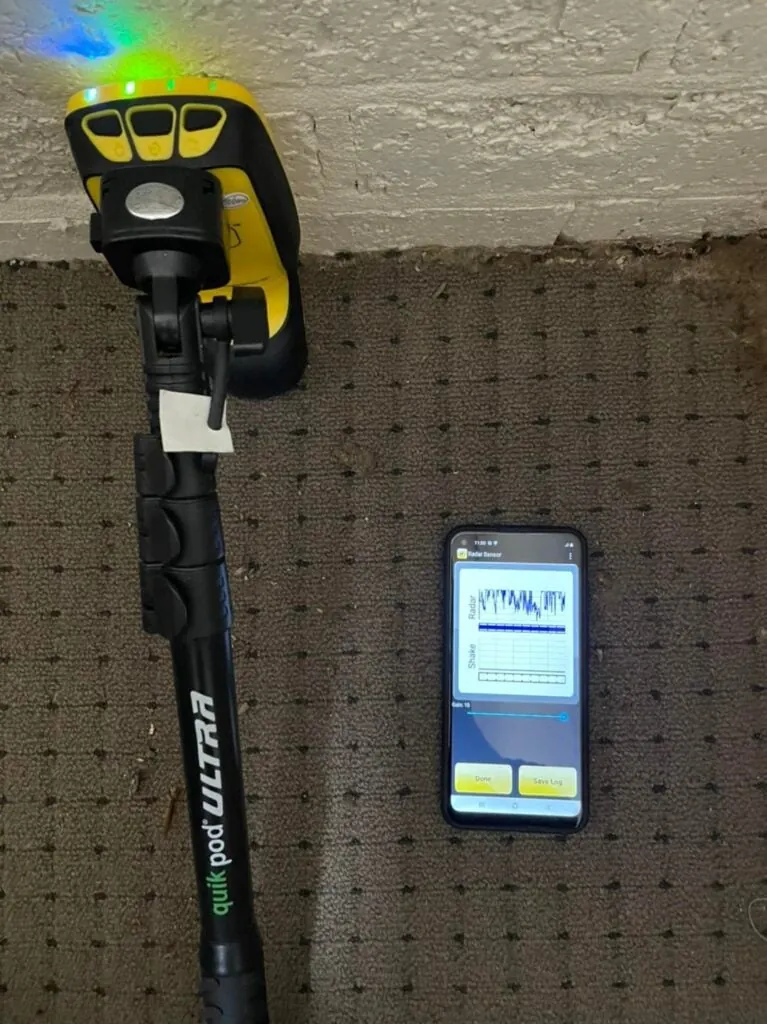 Termite radar on a pole against the wall above the carpet, readings on a phone